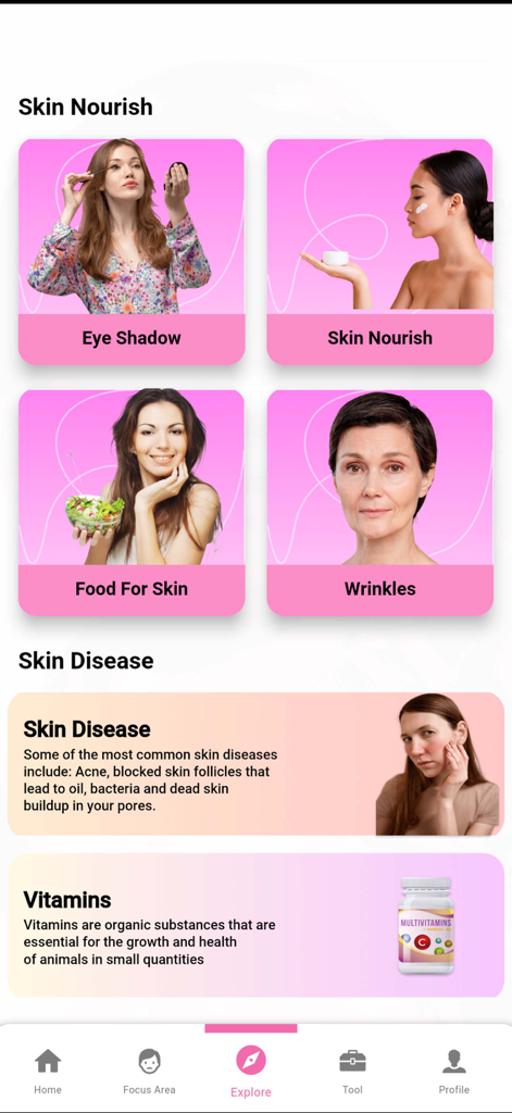 Explore screen of the Jawline Exercises and Face Yoga app showing skincare advice and vitamin information