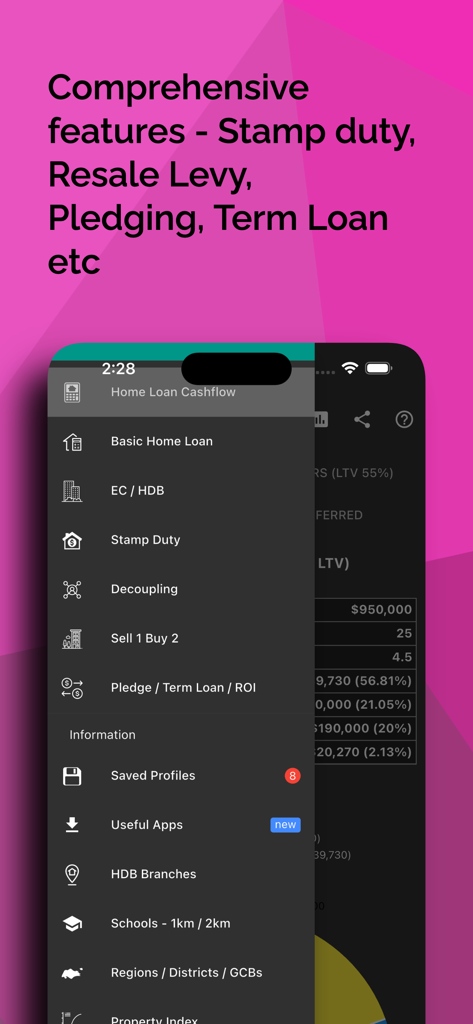 Singapore Home Loan Calculator - Side menu of the Singapore Home Loan Calculator app displaying various mortgage and property investment features