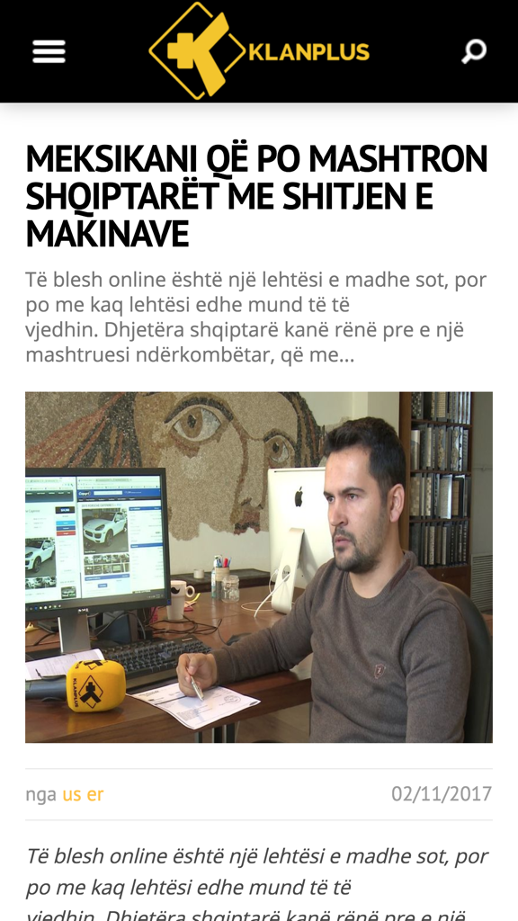 Klan Plus mobile app showing an investigative news report in Albanian about car sales fraud