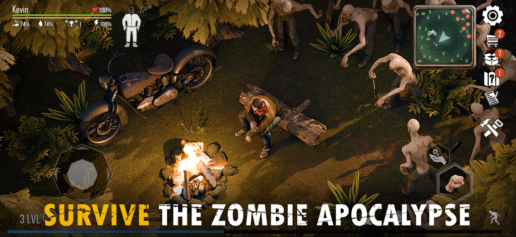 Live or Die 1: Zombie Survival - Un survivant est assis près d'un feu de camp à côté de sa moto alors que des zombies approchent dans les bois sombres.