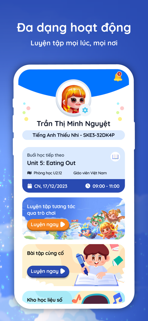 OVI Kids - Panel de la aplicación móvil OVI Kids que muestra el perfil del estudiante y el horario de clases de inglés.