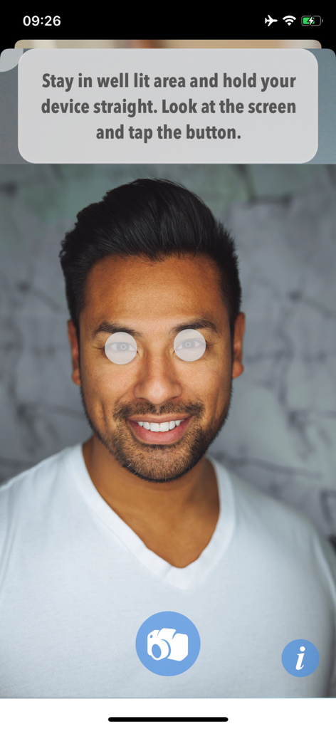 PD Measure Ruler - Interface of the PD Measure Ruler app showing automatic pupillary distance measurement with eye detection on a face