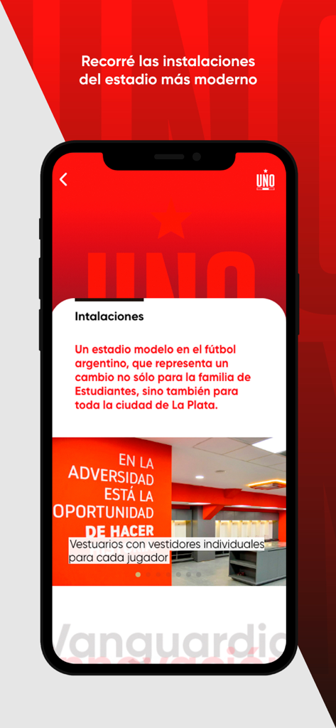 UNO - Screenshot of the UNO app showcasing the modern facilities and locker rooms of the Estadio Jorge Luis Hirschi