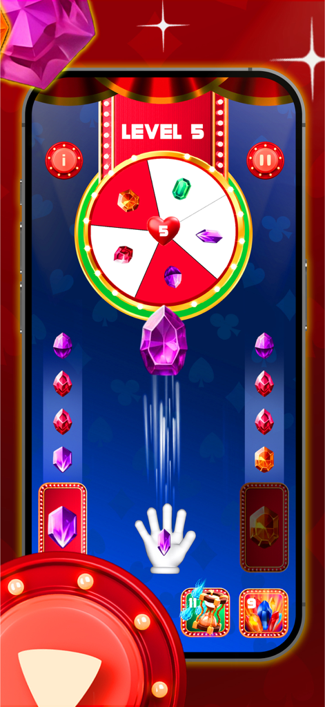 Holiday Mania - Gameplay screenshot of Holiday Mania showing a hand throwing a gem at a spinning wheel target