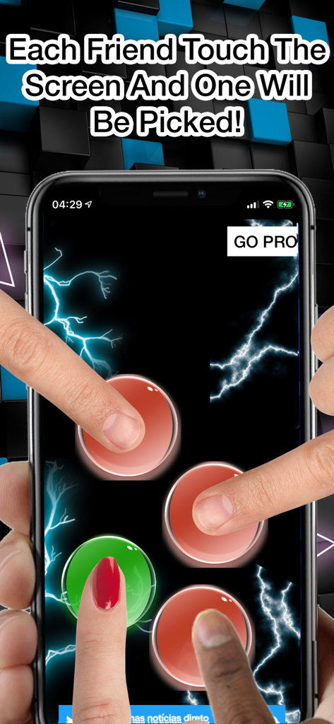 Touch Shock: Friends Roulette - Multiple players touching a smartphone screen during a finger roulette game session with lightning effects