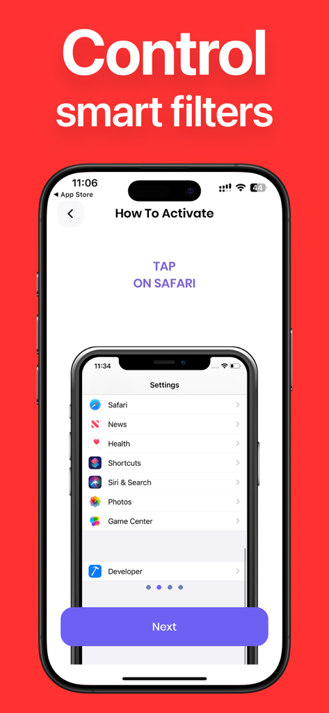 PornBlocker App - Step-by-step instructions for activating the PornBlocker app within the iPhone Safari settings menu