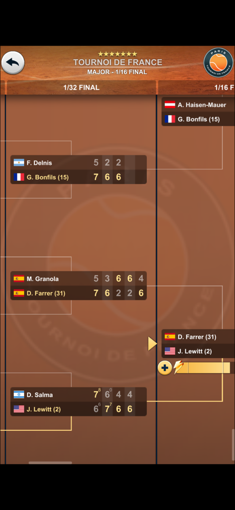 Tennis Manager 2025 - TOP SEED - A screenshot of a tennis tournament bracket in the Top Seed game showing player names and match scores