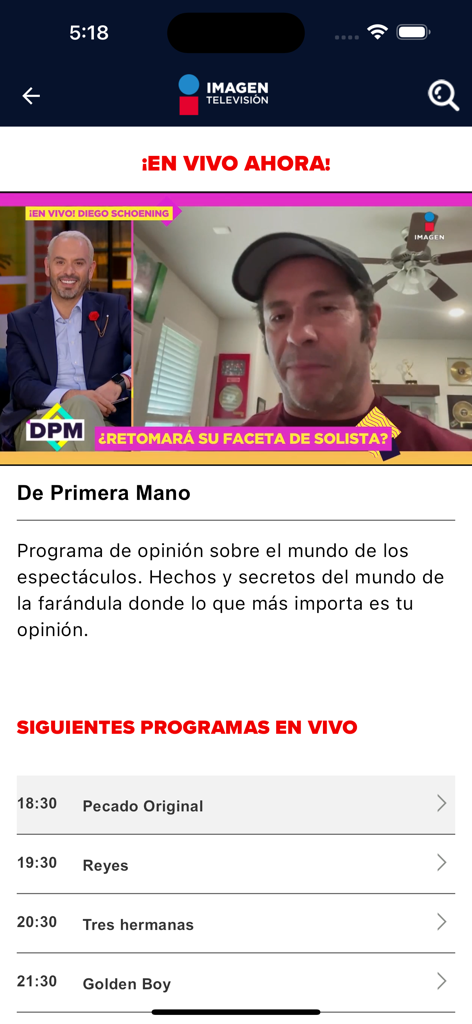 Imagen TV app live broadcast screen showing De Primera Mano and upcoming program schedule