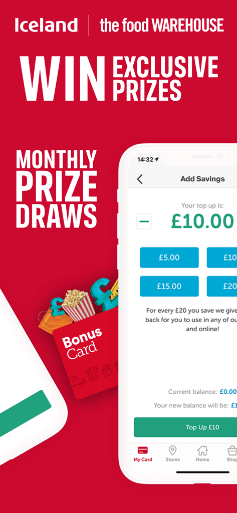 Iceland Bonus Card - Interface de l'application Carte Bonus Iceland montrant des tirages au sort mensuels et des options pour ajouter des économies.