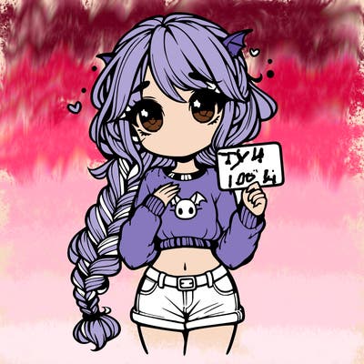 girl with dragon braids. dreamy eyes. holding a sign to her chest. sweater with cat logo. shows a bit of belly with jean shorts and shoes.