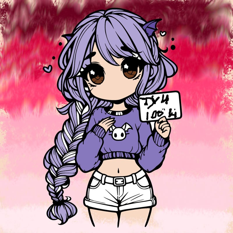 girl with dragon braids. dreamy eyes. holding a sign to her chest. sweater with cat logo. shows a bit of belly with jean shorts and shoes.