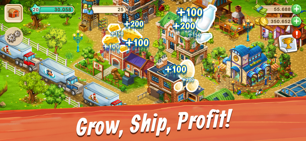 Big Farm: Mobile Harvest - Big Farm Mobile Harvestのゲームプレイ画面。農場の建物、配達トラック、チーズ、ミルク、卵のためのリソース収集が表示されている