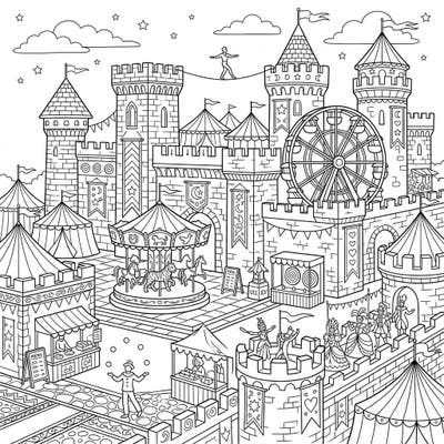 Journey to a captivating fortress palace reimagined as a bustling carnival. This unique coloring page blends medieval grandeur with the joyous chaos of a circus fair, offering endless creative possibilities.