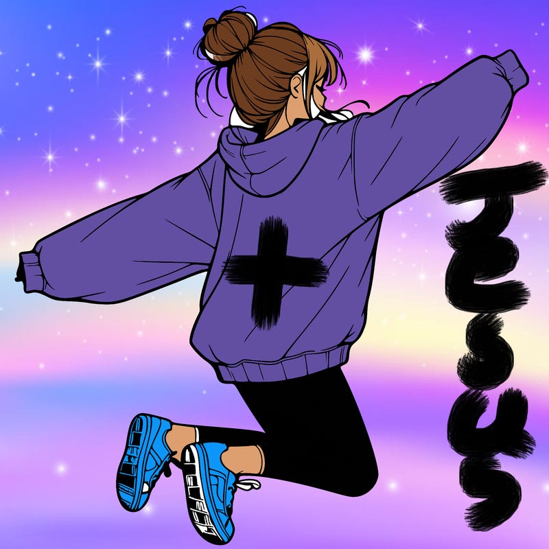 realistic girl jumping with a bun and oversized sweatshirt