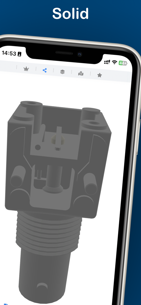 STEPファイルビューアアプリでソリッドモードで表示された3D機械モデル。