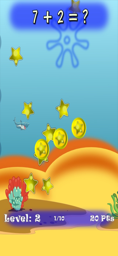 Fish Math Trainer - Gameplay screen of Fish Math Trainer showing an addition math problem in an underwater level.