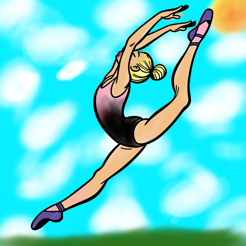 gymnast doing a leap in a leotard with a bent back leg