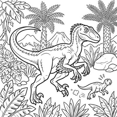 Dive into a thrilling prehistoric scene with our Velociraptor hunting coloring page, specially designed for young adventurers. Kids will love bringing this dynamic dinosaur chase to life with their favorite colors.
