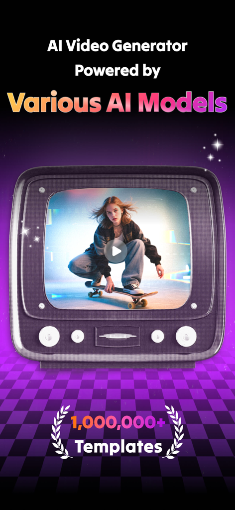 Interfaz del generador de video SelfyzAI mostrando a una chica en un monopatín dentro de una pantalla de TV retro con texto resaltando varios modelos y plantillas de IA.