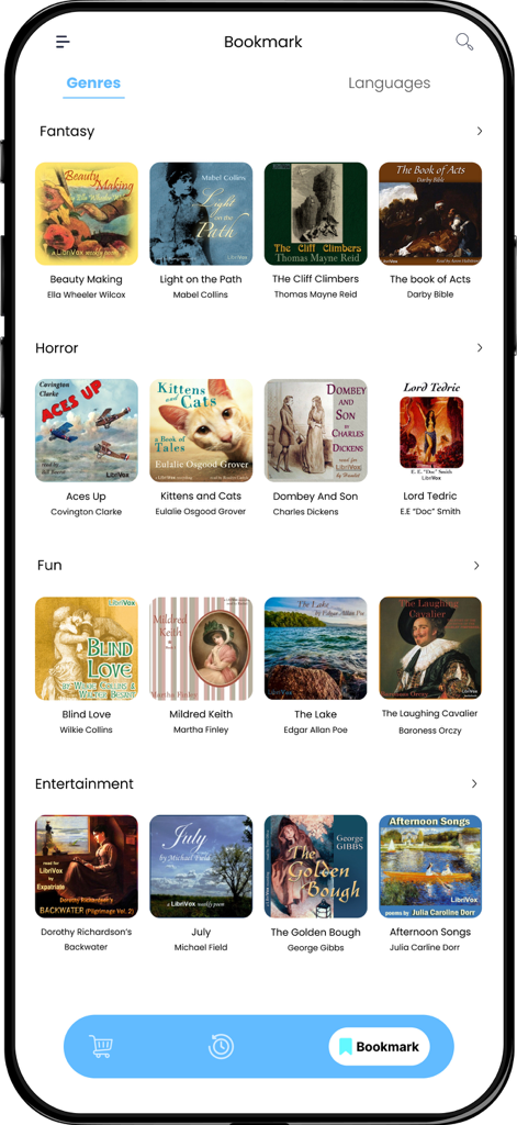 Audiobook app interface showing book genres like fantasy, horror, and entertainment with book cover thumbnails