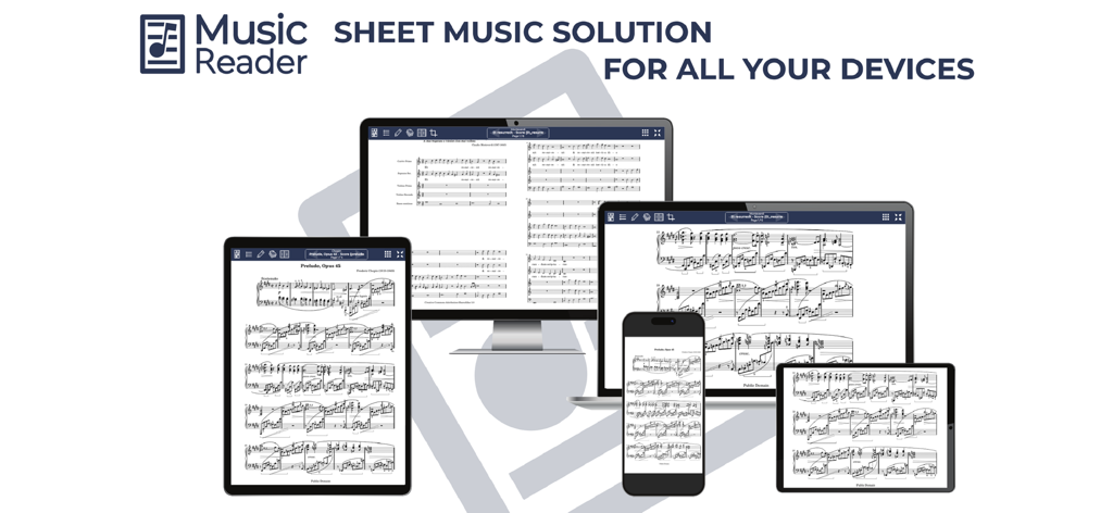 MusicReader - MusicReader application displaying sheet music scores across a tablet, computer monitor, laptop, and smartphone