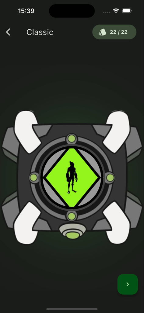 Classic Omnitrix simulator screen with an alien silhouette on a green background