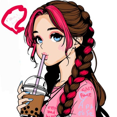 realistic girl with braided hair drinking boba
