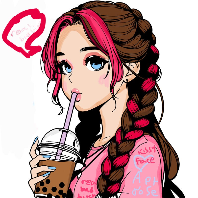 realistic girl with braided hair drinking boba