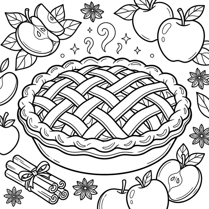 Dive into a delicious coloring experience with this charming apple pie scene, perfect for kids. Featuring a classic lattice-crust pie surrounded by fresh apples and aromatic spices, it's a treat for young artists.