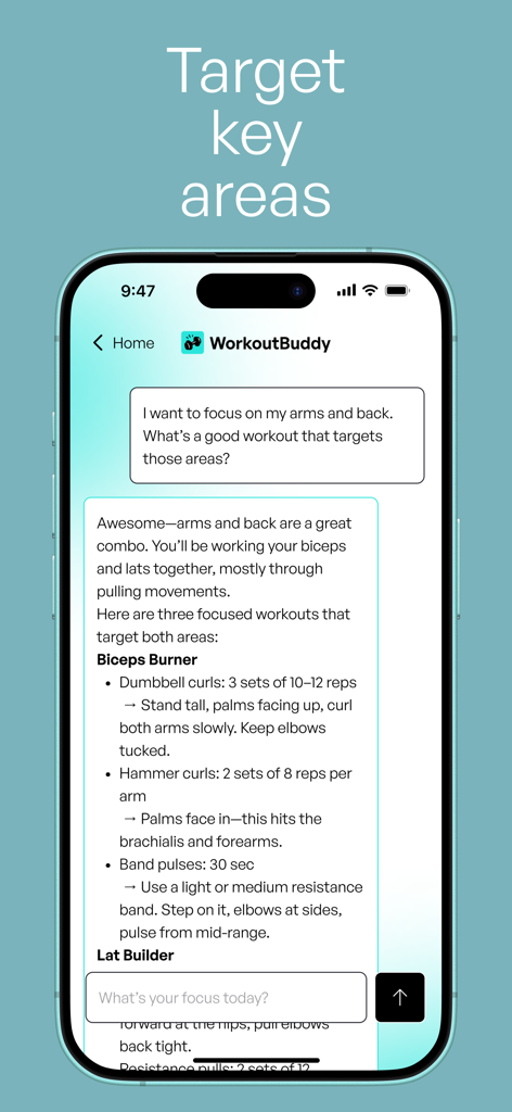 WorkoutBuddy: AI Fitness Coach - WorkoutBuddy AI fitness coach chat interface suggesting a personalized workout for arms and back