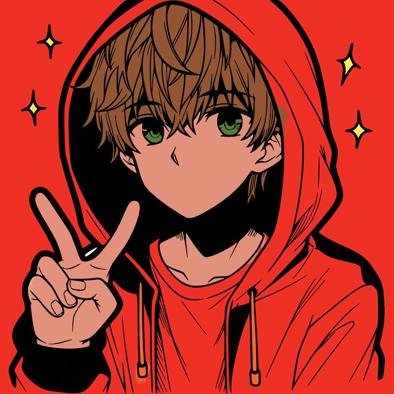 teenage manga boy in a hoodie, doing ✌
