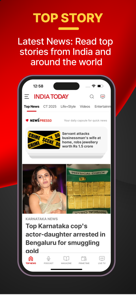 India Today TV English News - India Today English Newsアプリのインターフェース。iPhoneにトップストーリーと最新の見出しが表示されています