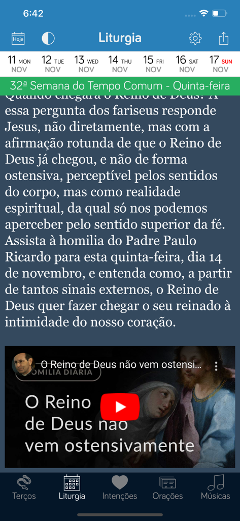 Mobile app screen showing daily Catholic liturgy and a video homily in Portuguese