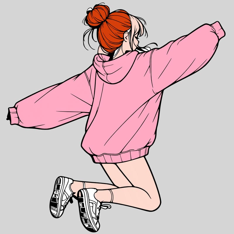 realistic girl jumping with a bun and oversized sweatshirt