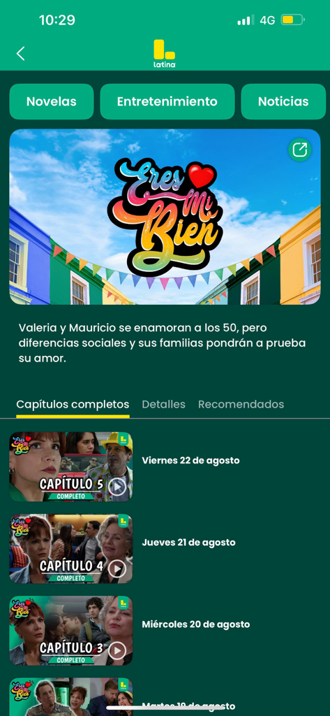 A interface do aplicativo Latina mostrando uma lista de episódios completos da novela peruana Eres Mi Bien
