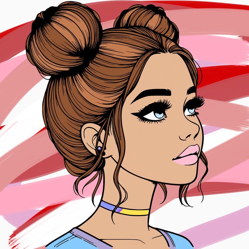 realistic girl with buns on the top of her head