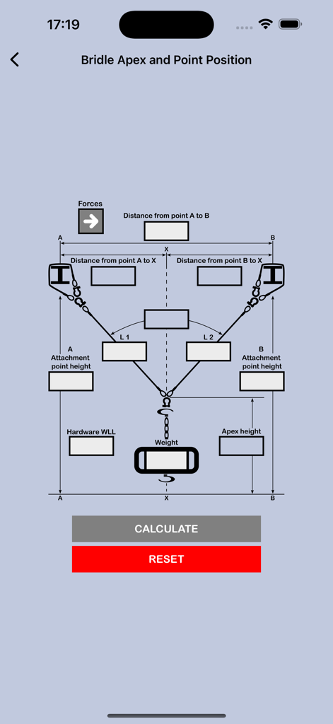 Rigging Bridle Calculator+ - Interfaz de diagrama técnico para calcular la posición del vértice y del punto del arnés, incluidas las alturas de los puntos de fijación y las longitudes de las patas.