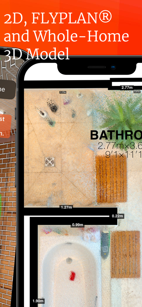 2D floor plan of a bathroom with measurements and point cloud scan on a mobile device