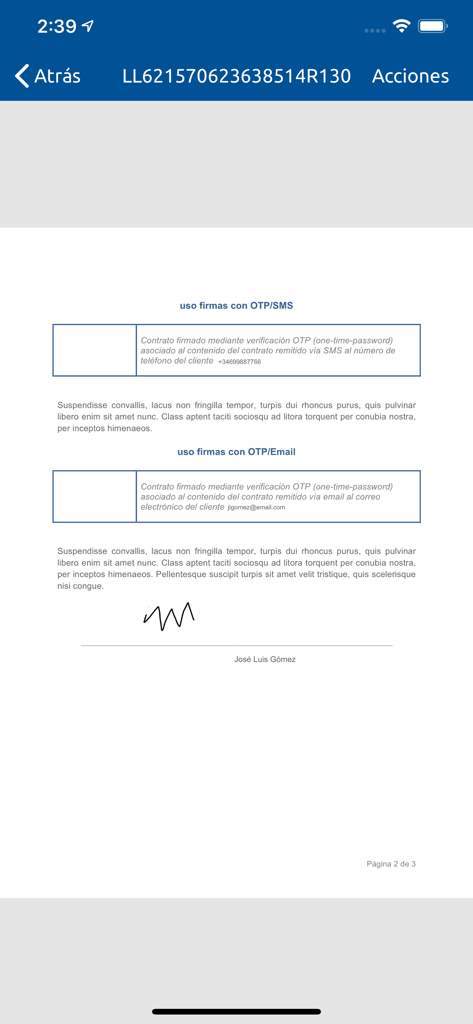 Digital document signature screen with OTP SMS and email verification in Viafirma Documents
