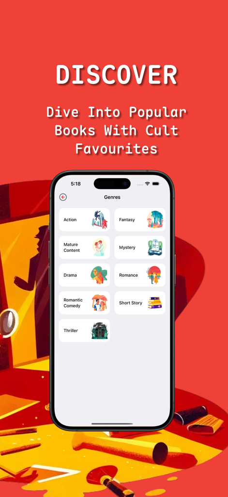 NovelPlus app interface showing a variety of book genres including romance, fantasy, and thriller for discovery.