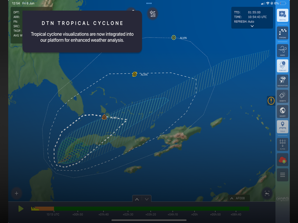 SITA eWAS aviation weather app displaying a tropical cyclone visualization on a map