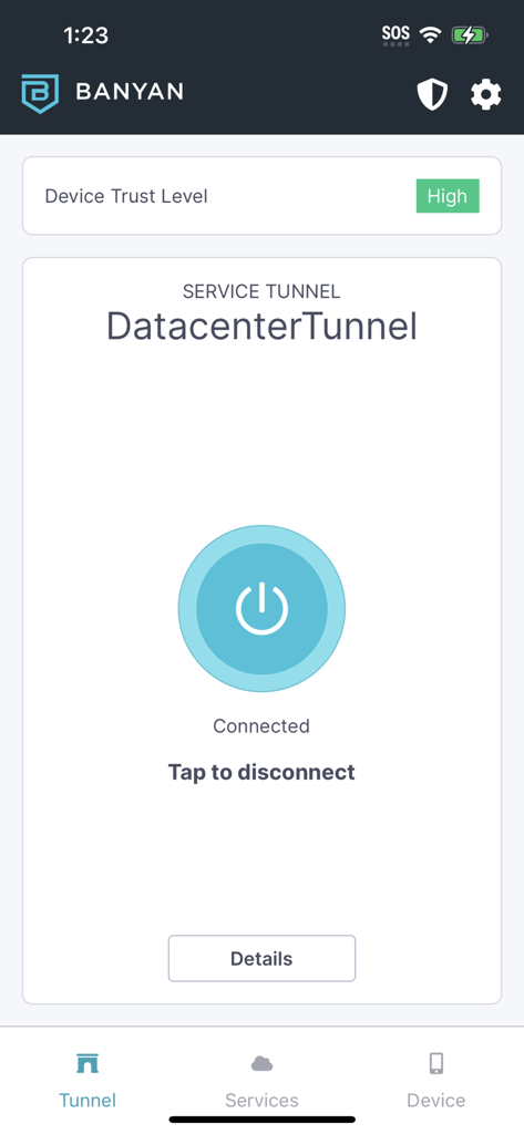 Banyan Security app interface showing a connected service tunnel with a high device trust level