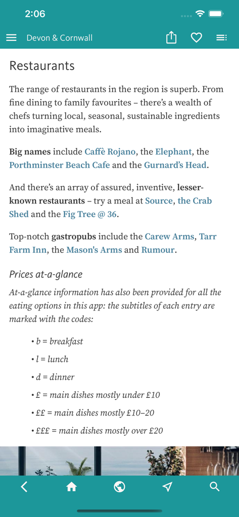 데본 및 콘월의 레스토랑 추천 및 가격대 코드 목록이 있는 여행 가이드 화면