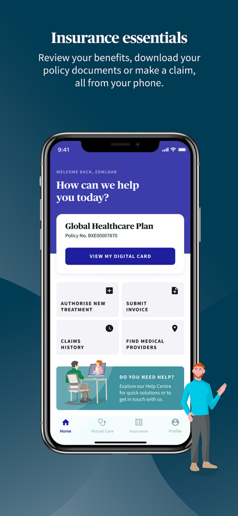AXA - Global Healthcare - AXA Global Healthcare app home screen showing digital card and insurance management options