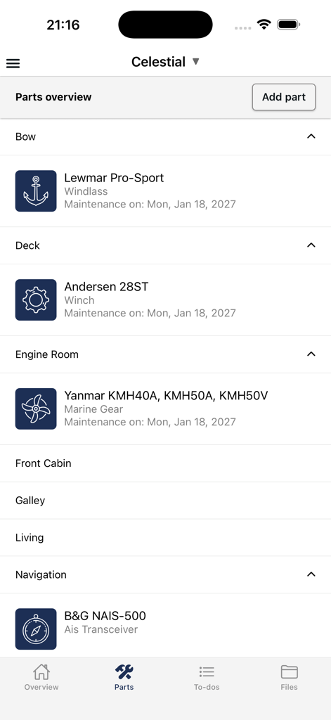 Boat Maintenance Planner - A screenshot of the Boat Maintenance Planner app showing the parts overview screen with equipment categories like Bow, Deck, and Engine Room.