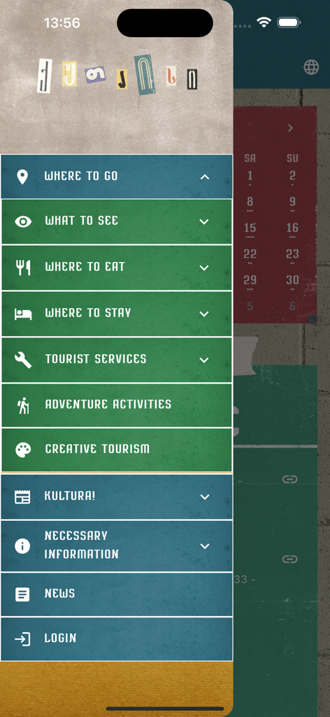 쿠타이시 여행의 모바일 앱 사이드바 메뉴로, 어디에서 먹을지, 무엇을 볼지, 모험 활동과 같은 카테고리가 표시됩니다.