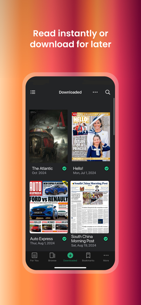 Interfaz de la aplicación PressReader que muestra una cuadrícula de portadas de revistas y periódicos descargados para lectura sin conexión.