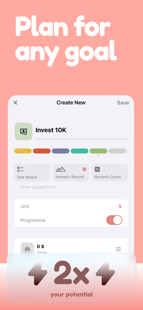 Interface of the Aim app showing the Create New goal screen with options for numeric tracking and color customization.