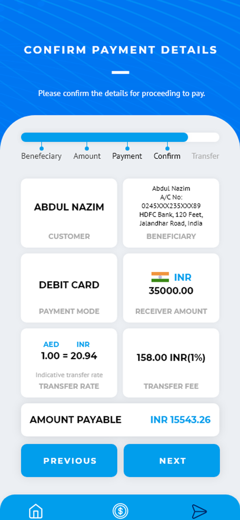 Eastern Exchange-Online Remit - Eastern Exchange app screen showing payment confirmation details for a money transfer to India