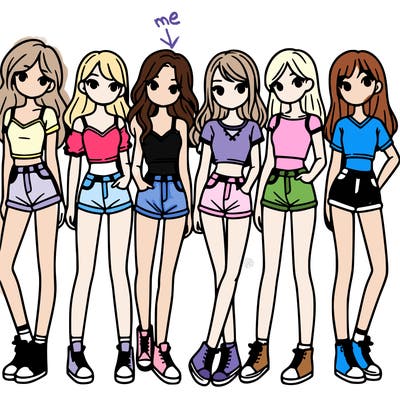 a group of girls wearing crop tops and shorts